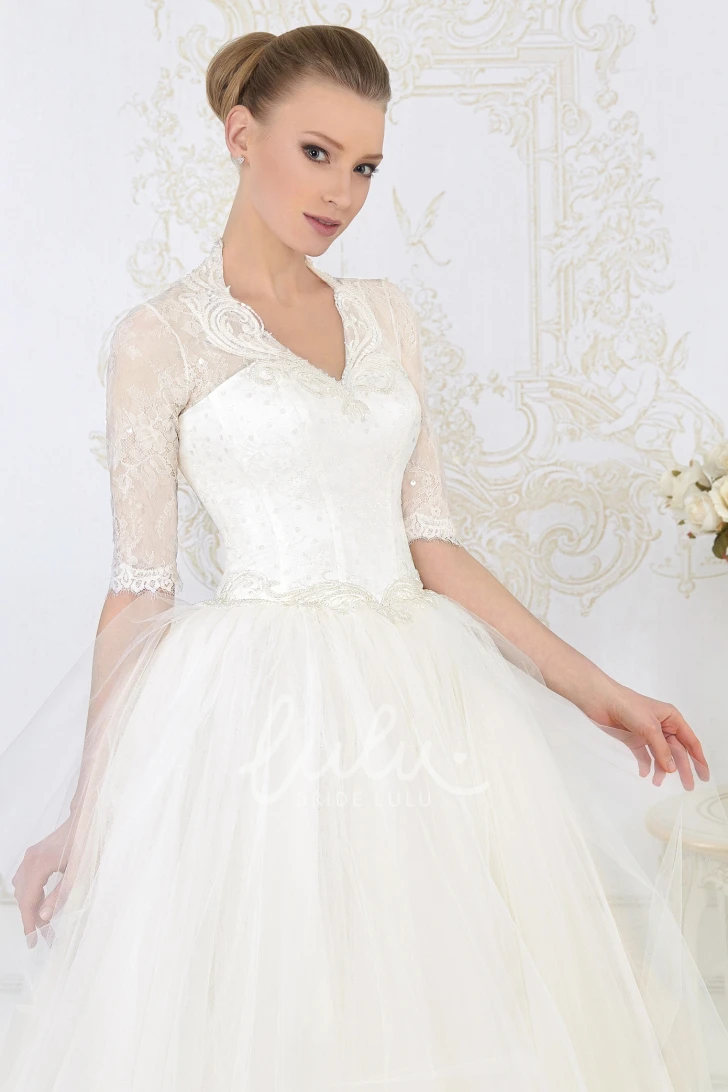 Ball Gown Tulle Wedding Dress V-Neck Illusion-Sleeves Beading Corset Back