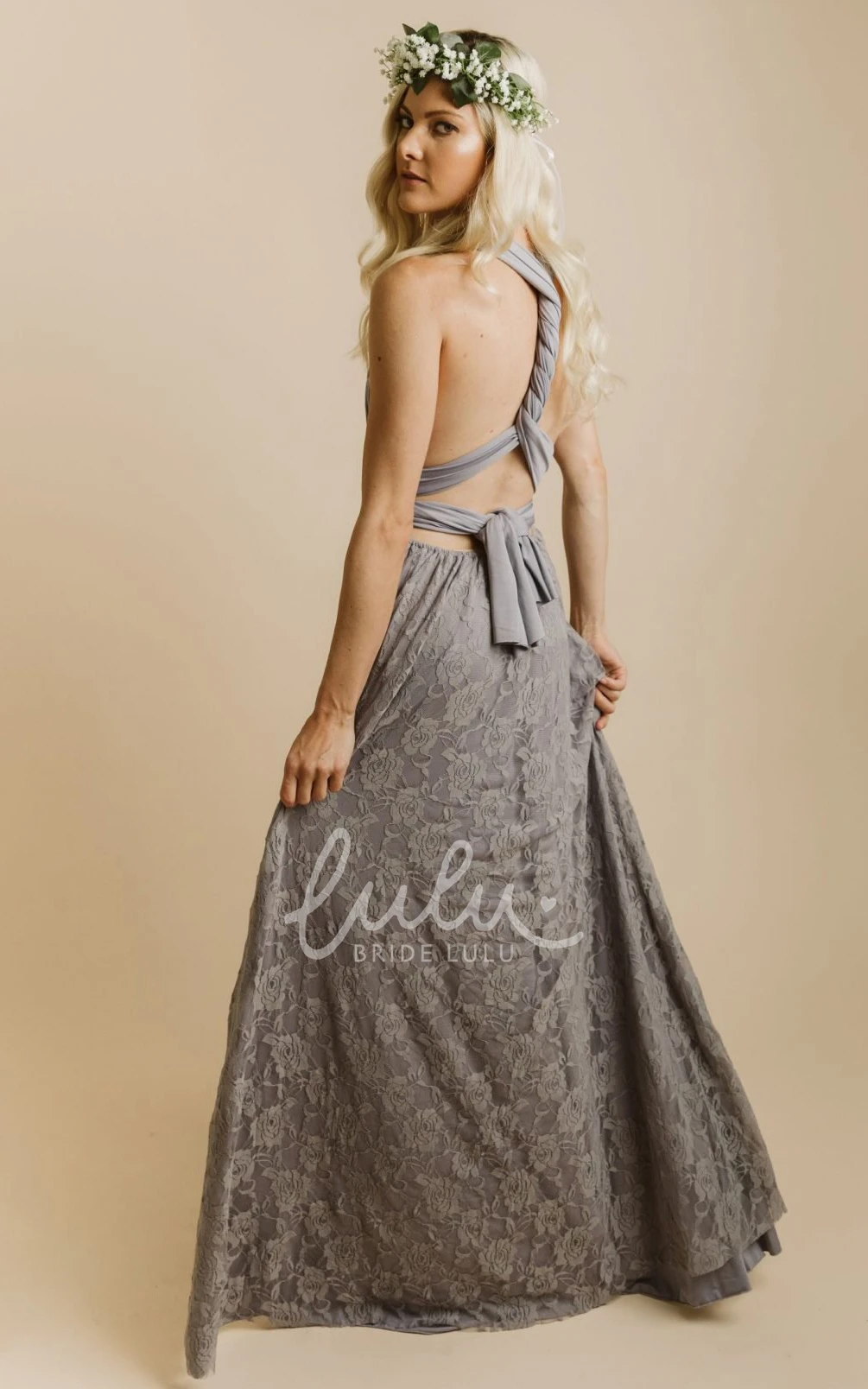 A-Line Jersey Lace Bridesmaid Dress with Convertible Straps and Open Back