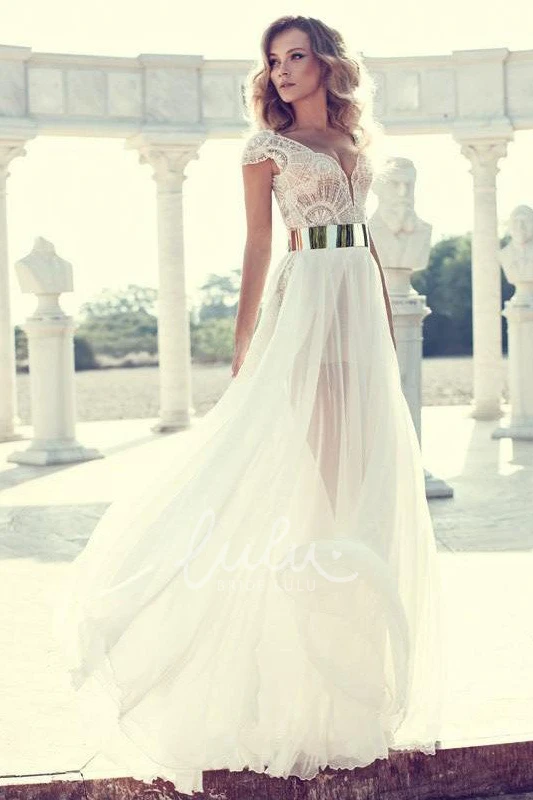 Asymmetrical High-Low V-neck Lace Formal Dress with Cap Sleeves