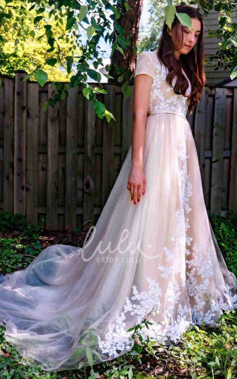 Unique Short Tulle and Lace Bridesmaid Dress with Chapel Train