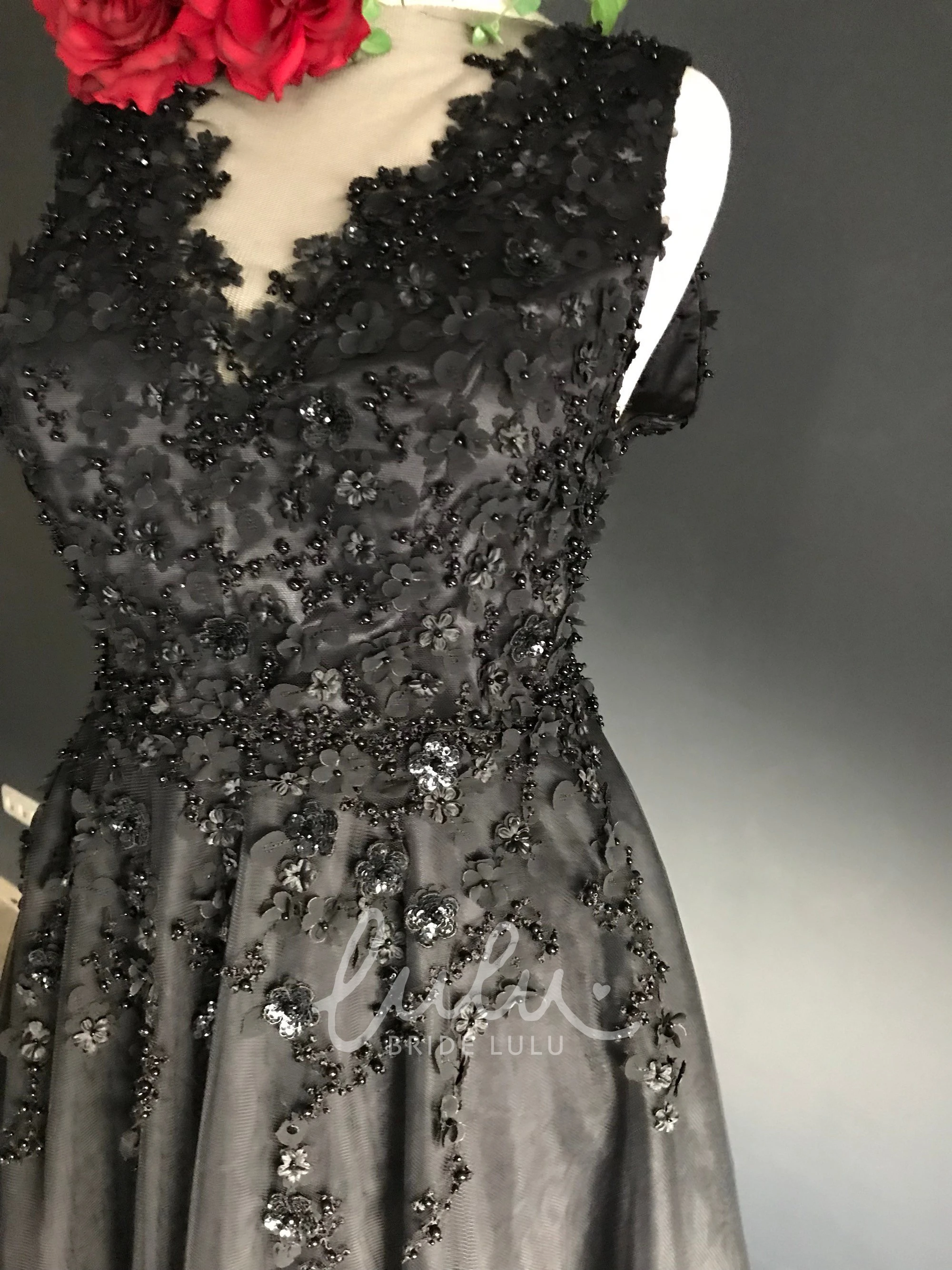 Sleeveless Floor-length V-neck Appliques Lace Sequins Black Wedding Dress