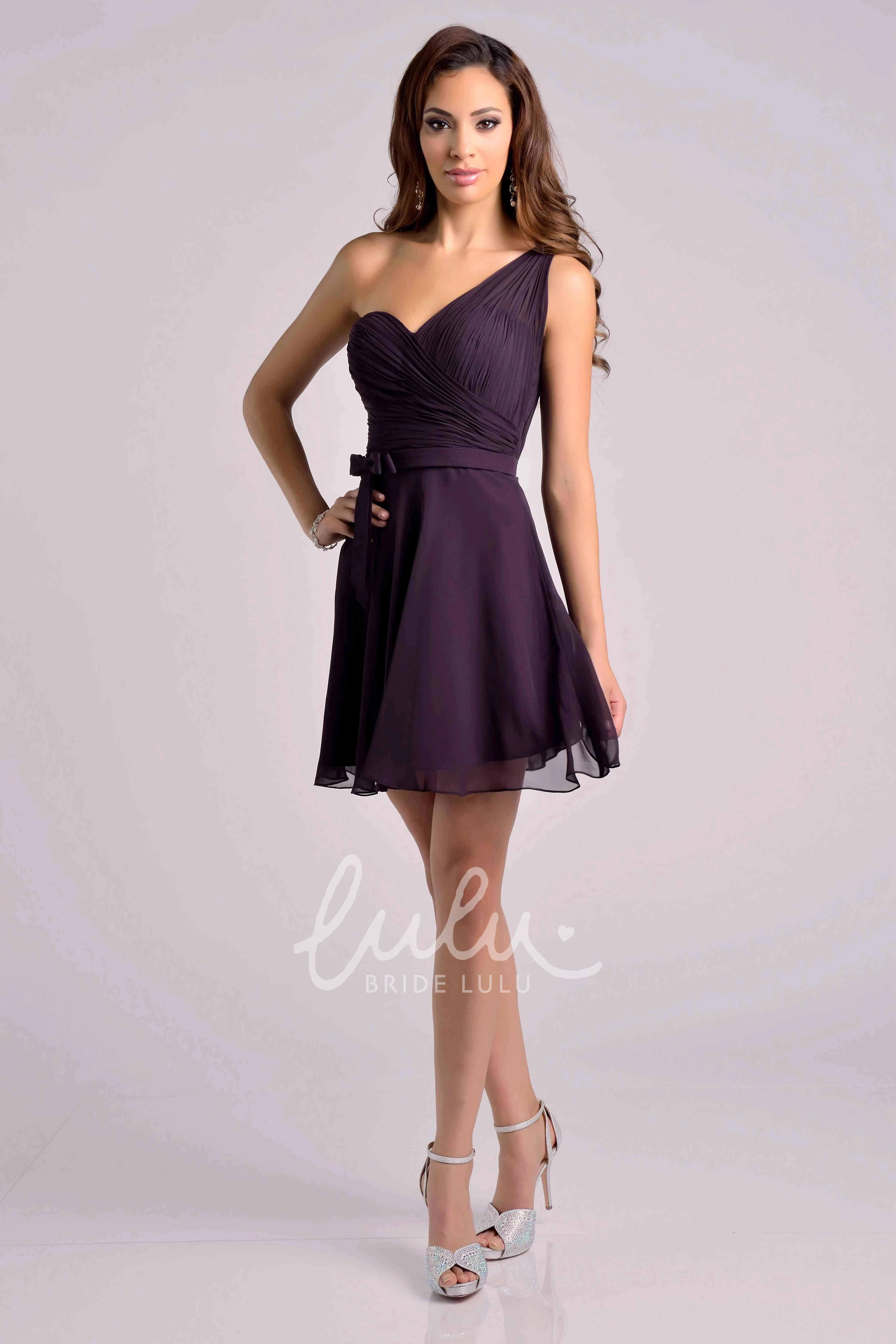 Short One-Shoulder Ruched Chiffon Bridesmaid Dress with Ribbon Elegant Bridesmaid Dress