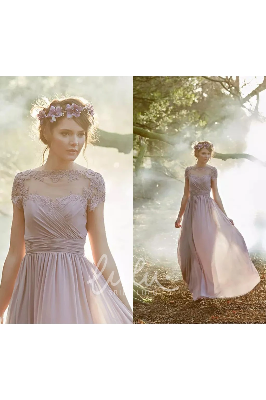 A-line Chiffon Bridesmaid Dress with Appliques and Ruching Jewel Style Short Sleeve
