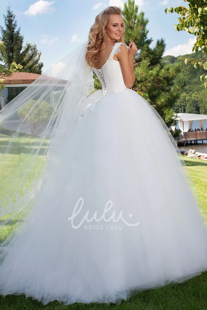Beaded Cap-Sleeve Tulle Wedding Dress with Corset Back Square Neckline Bridal Gown