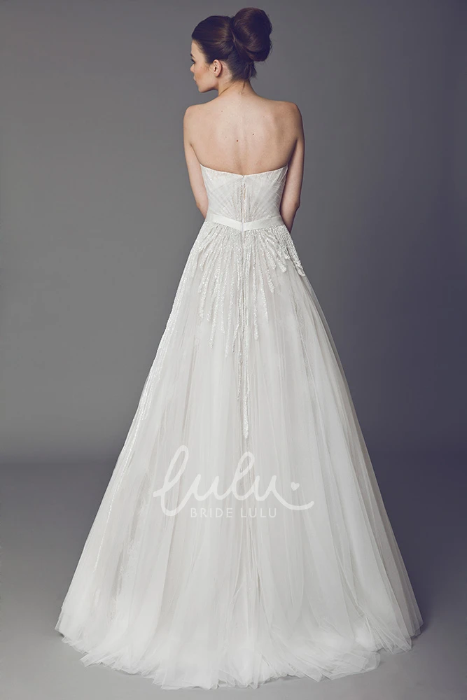 Ruched Strapless Tulle Wedding Dress with Brush Train and V-Back Modern Bridal Gown