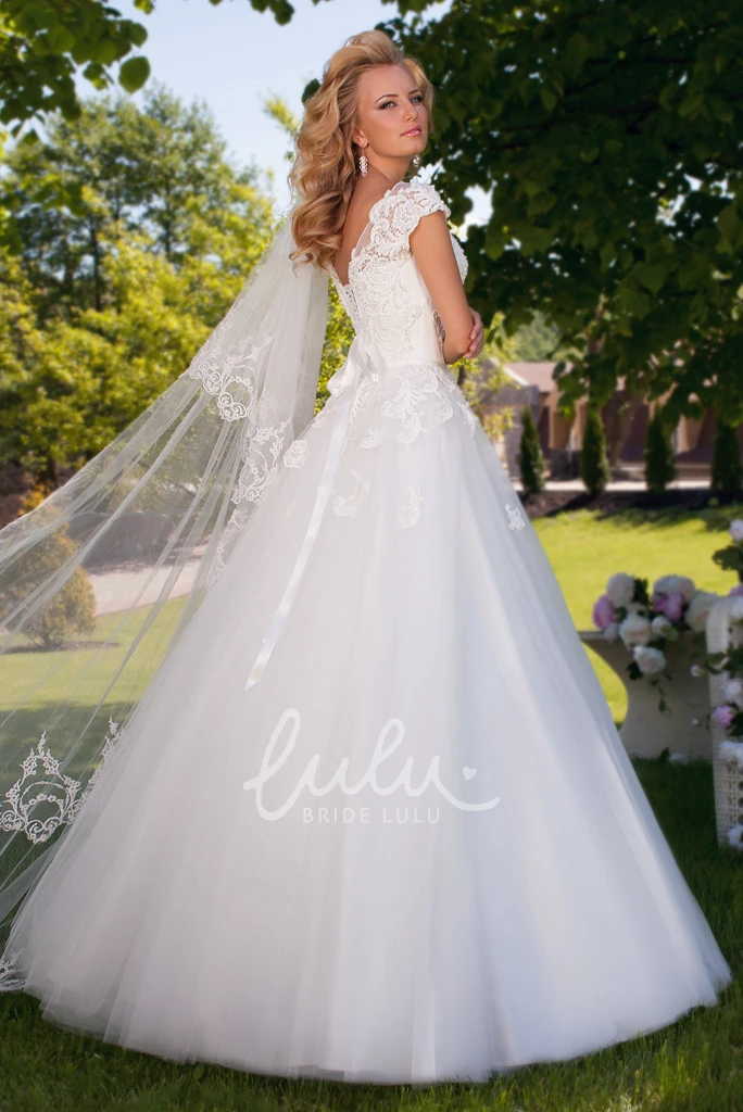 Appliqued Tulle Wedding Dress Ball Gown Cap Sleeve Bateau Neck