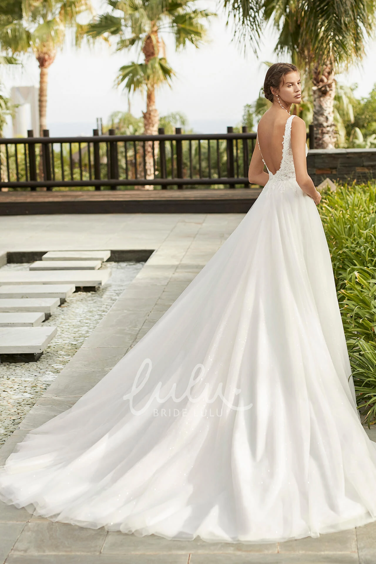 Lace Tulle Plunging Neckline A-line Wedding Dress with Cathedral Train