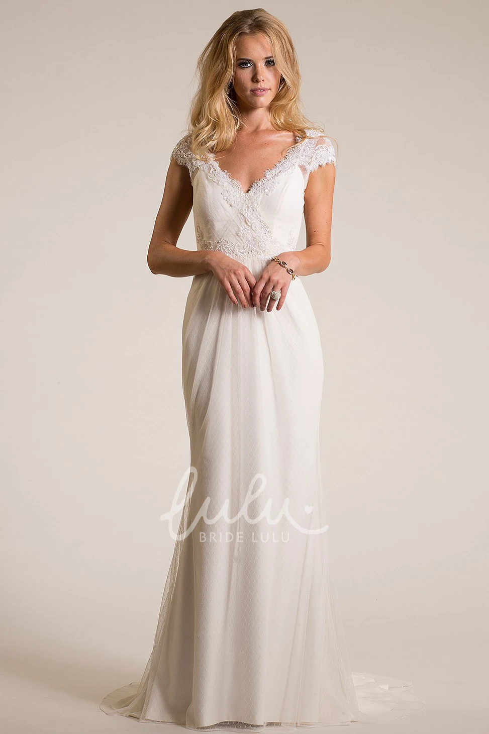 Chiffon Appliqued Cap-Sleeve Wedding Dress with V-Neckline