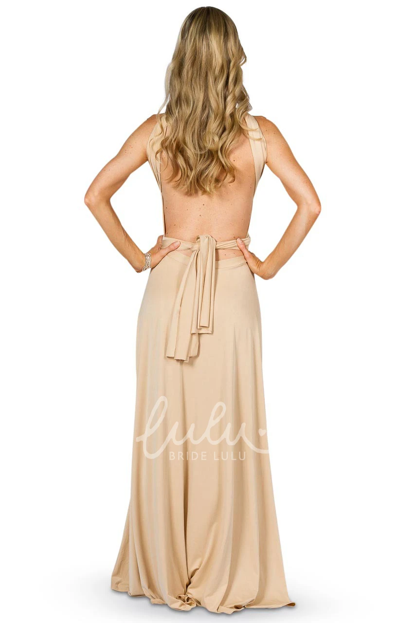 Strapped Sleeveless Convertible Bridesmaid Dress with Bow Elegant Jersey