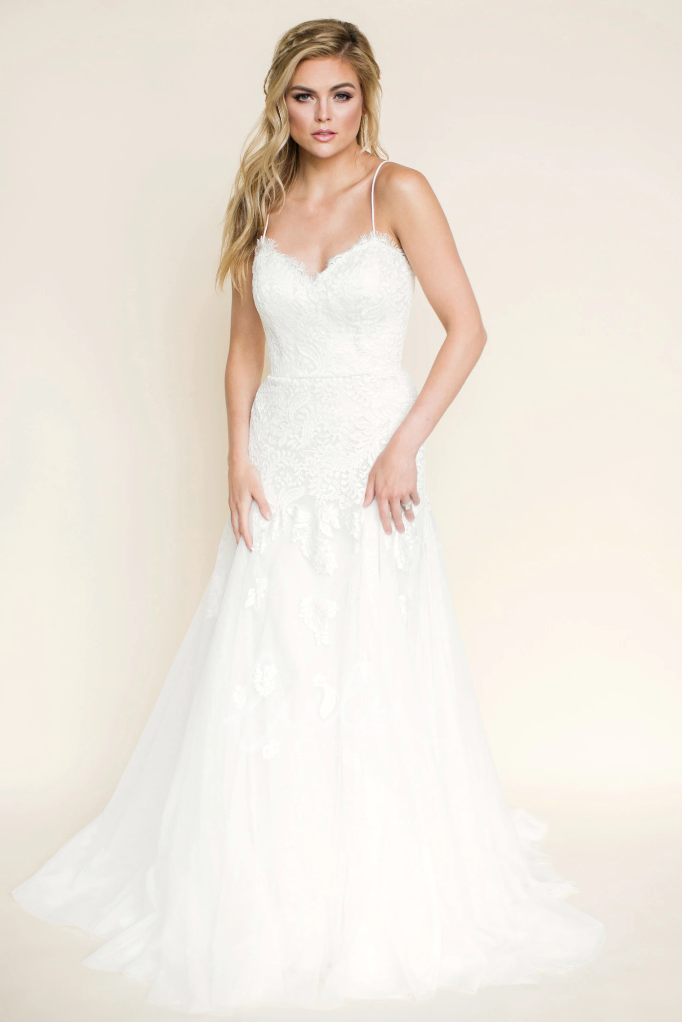 Appliqued A-Line Spaghetti Strap Wedding Dress with Flowy Skirt