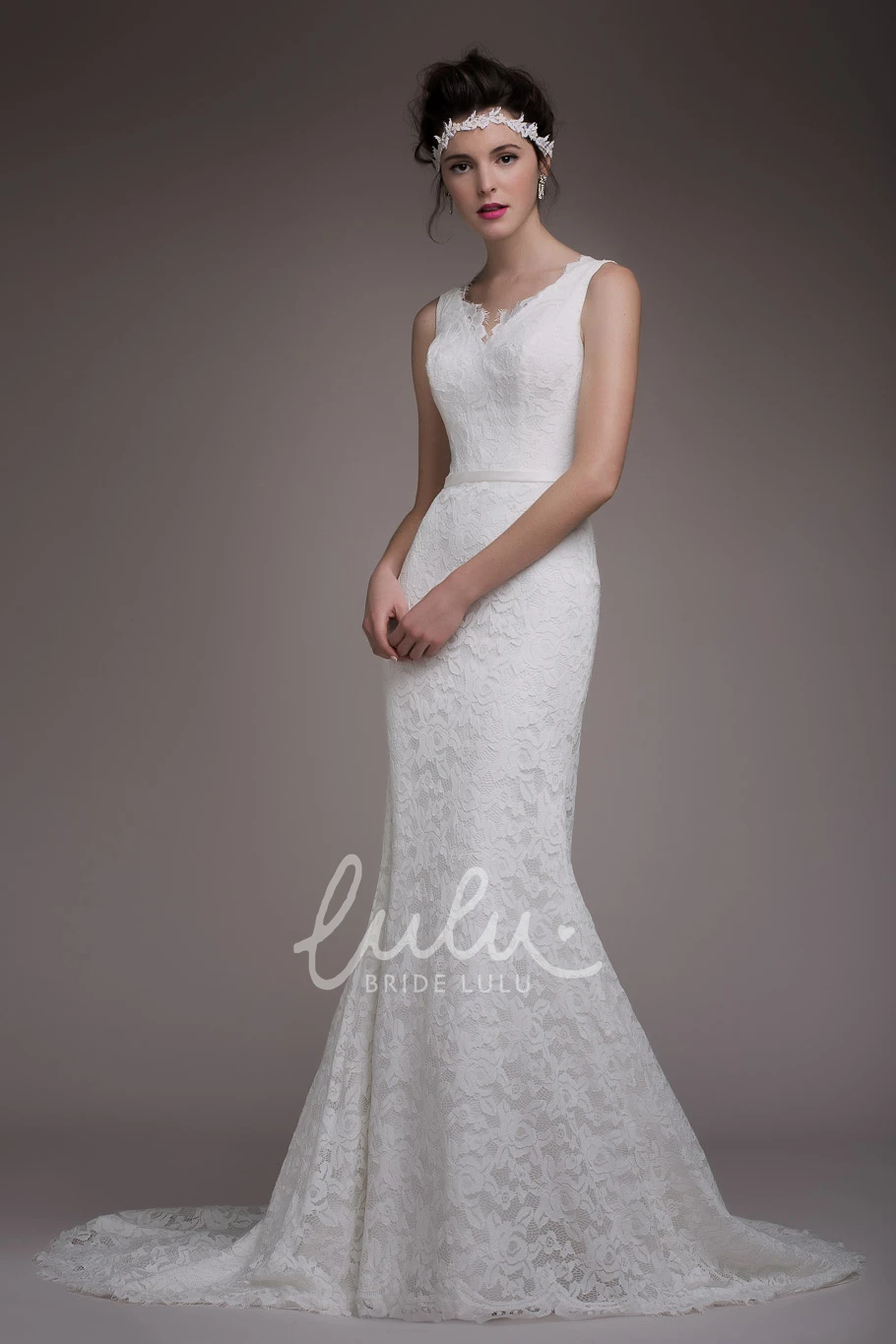 Sleeveless Court Train Lace Bridal Gown Graceful