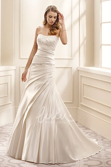 Satin Strapless Wedding Dress with Beading Sheath Floor-Length Side-Draped