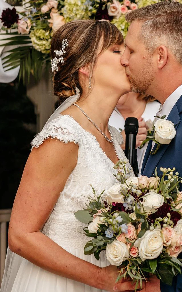 A-Line Modest Lace Cap Sleeve Low V-Neck Illusion Back Tulle Trailing Wedding Dress