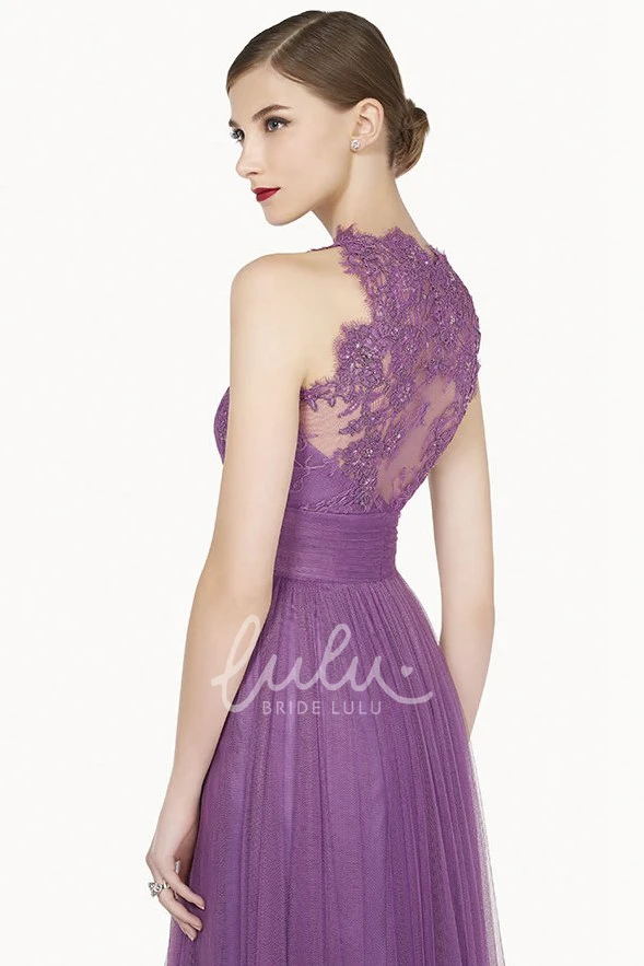 Sleeveless A-Line Tulle Long Prom Dress with High Neck and Lace Detail