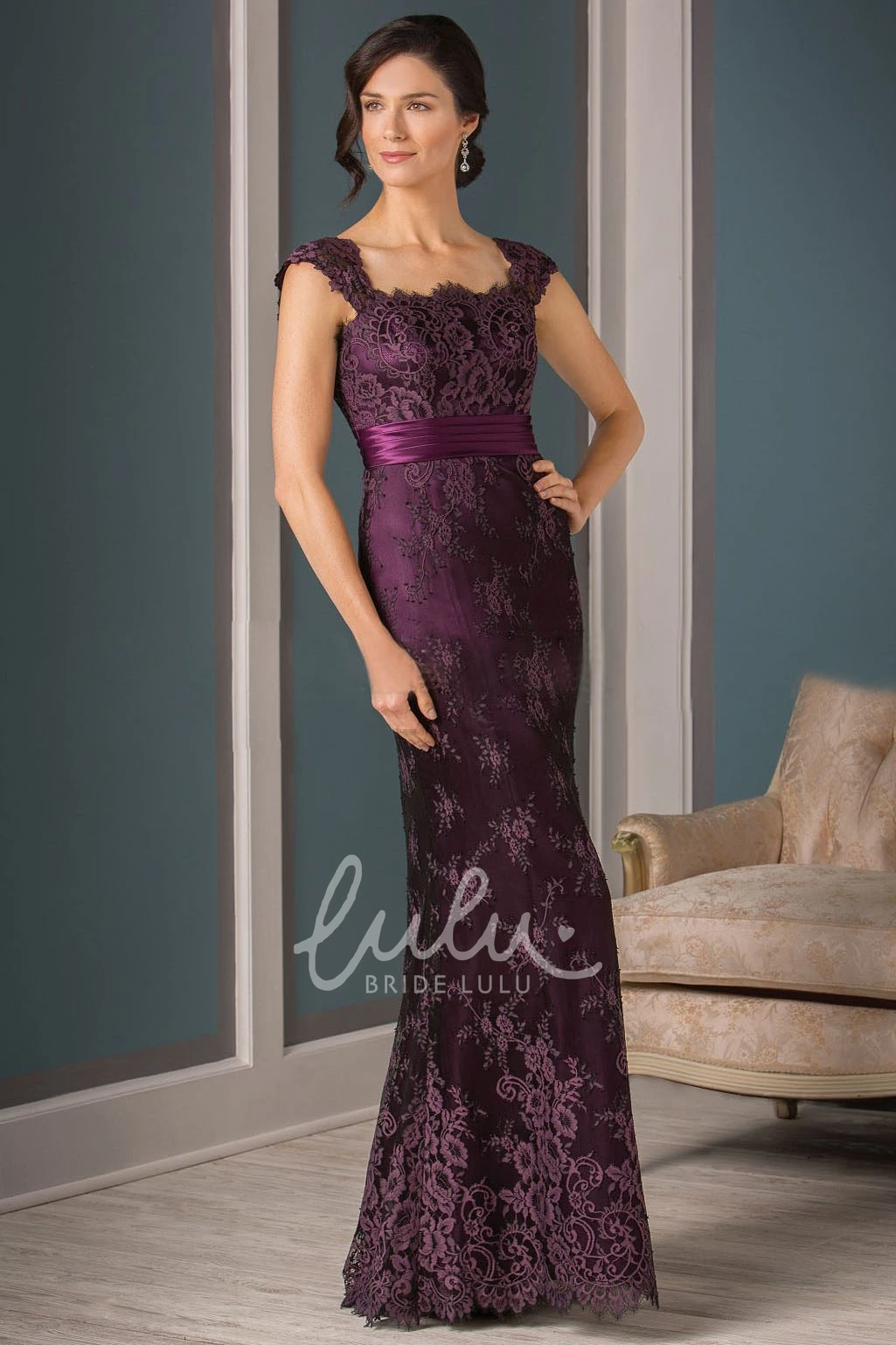 Appliqued Square Back Mother Of The Bride Dress with Cap Sleeves