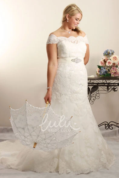 Plus Size Off-The-Shoulder Lace Wedding Dress Jeweled Trumpet Unique