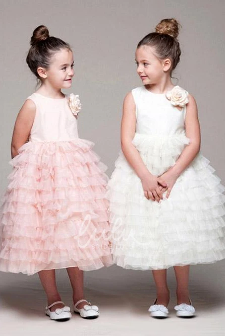Satin and Tulle Tiered Tea-Length Flower Girl Dress
