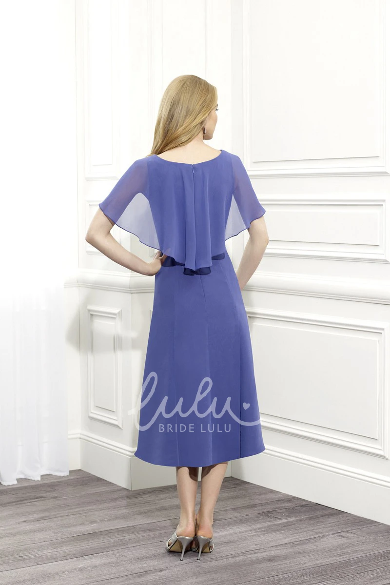 Chiffon Tea-Length Mother Of The Bride Dress with Draped Poet Sleeves and Broach