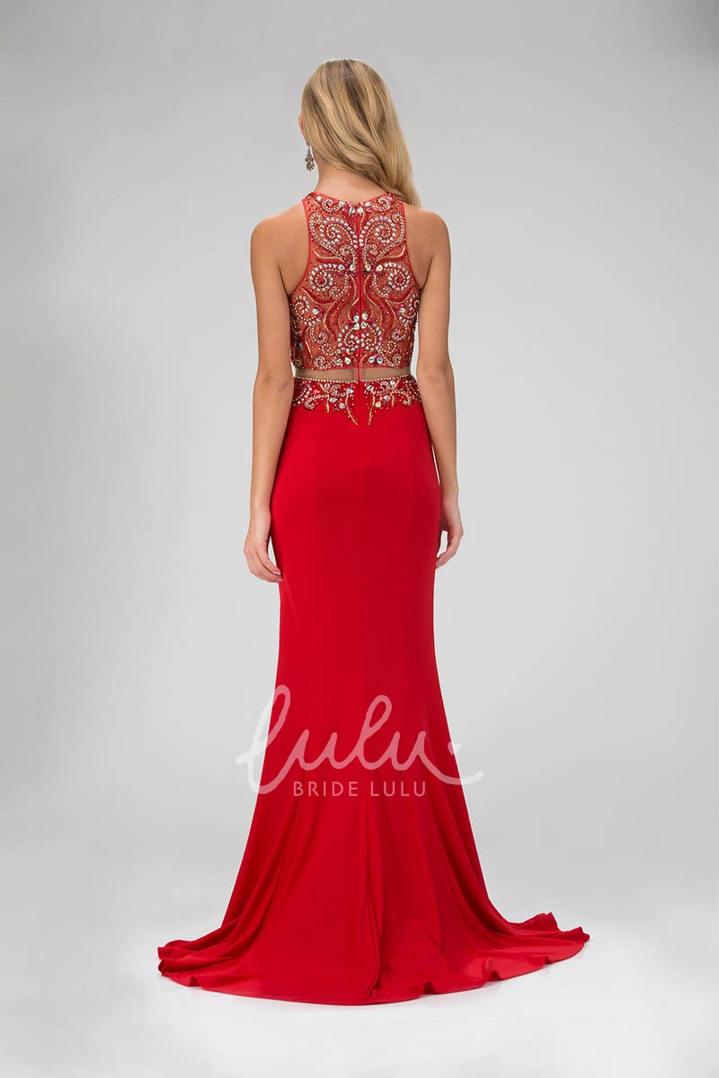Two-Piece Sleeveless Jersey Formal Dress with Beading Sheath Long Scoop-Neck