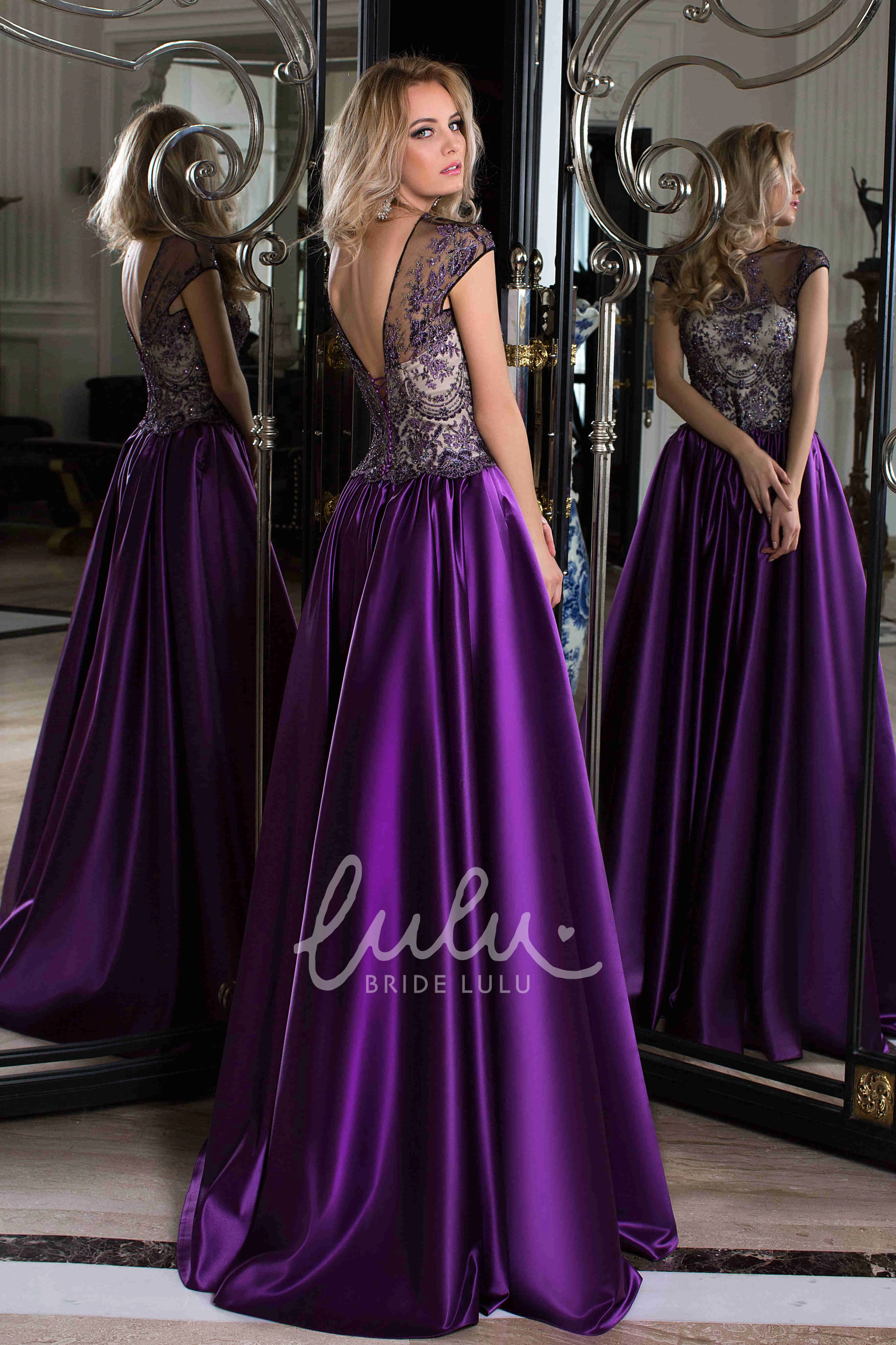Satin A-Line Prom Dress with Cap Sleeves and Lace-Up Back