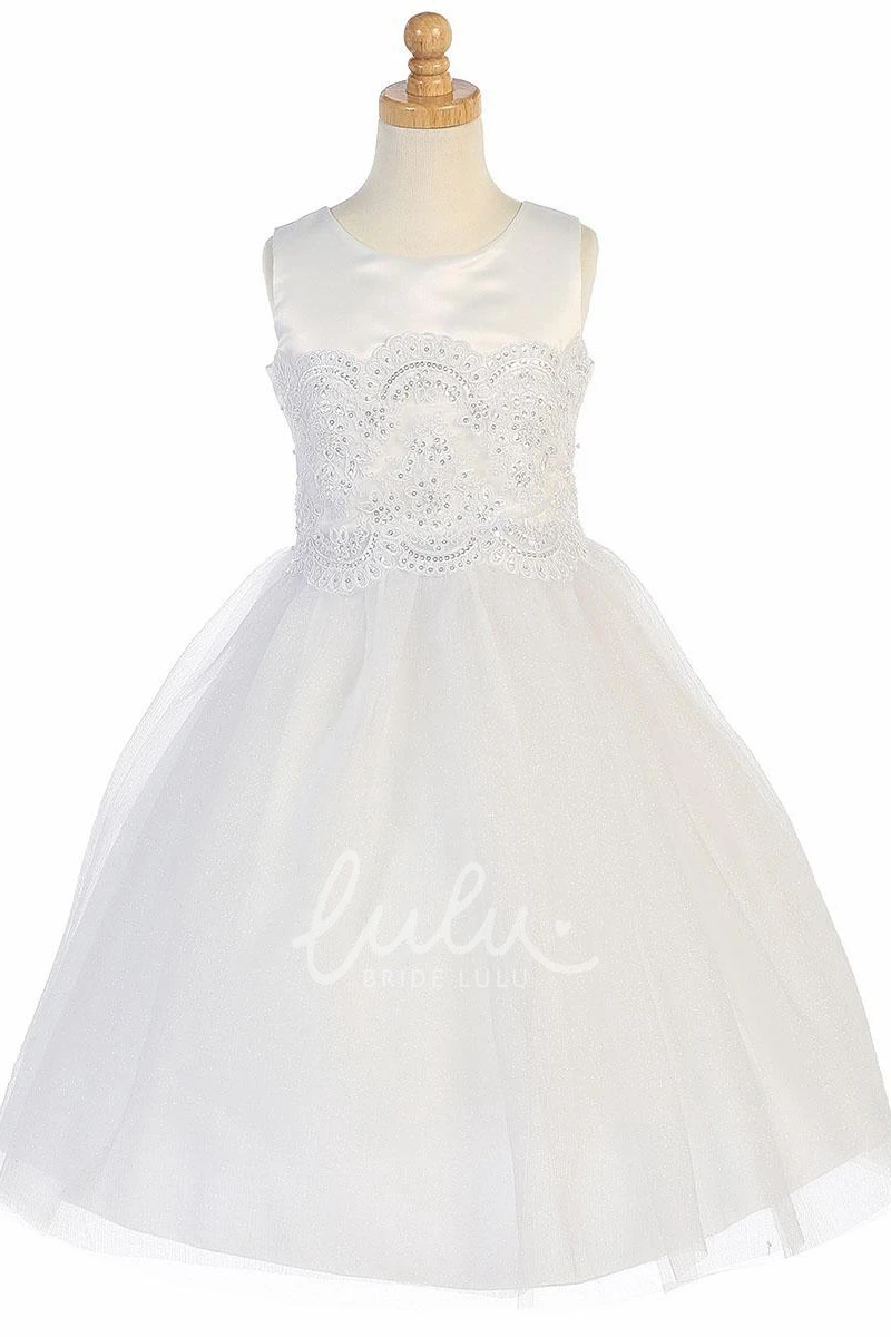 Floral Appliqued Tea-Length Flower Girl Dress with Beading and Tiers
