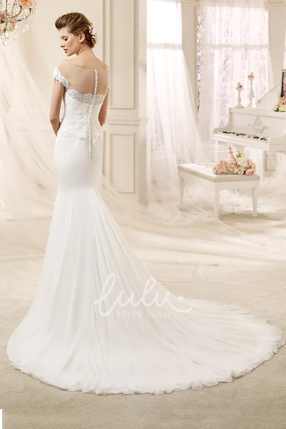 Beaded Lace Wedding Dress with Jewel Neckline and Satin Skirt Elegant Wedding Dress