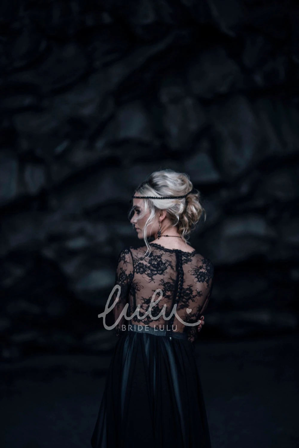 Black Lace Sheath Wedding Dress V-neck Illusion Back 3-4 Sleeve Floor-length