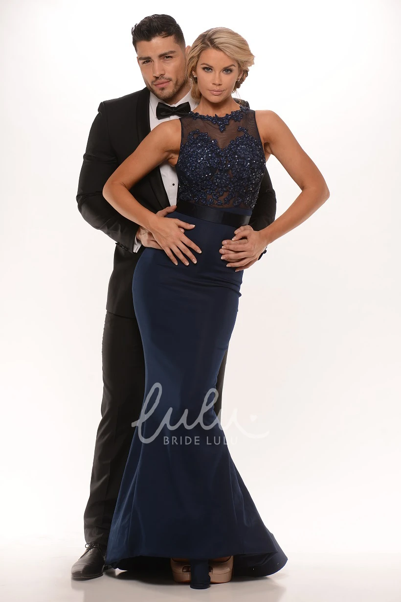 High Neck Sleeveless Satin Mermaid Prom Dress Appliqued Classy