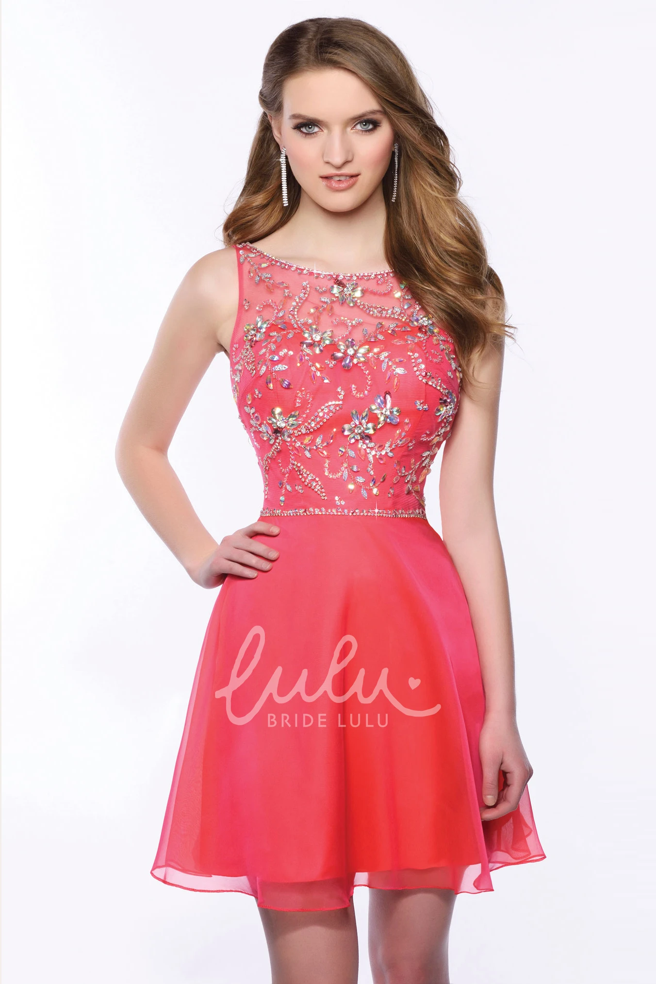 Crystal Detail A-Line Homecoming Dress Sleeveless Chiffon Bateau Neckline