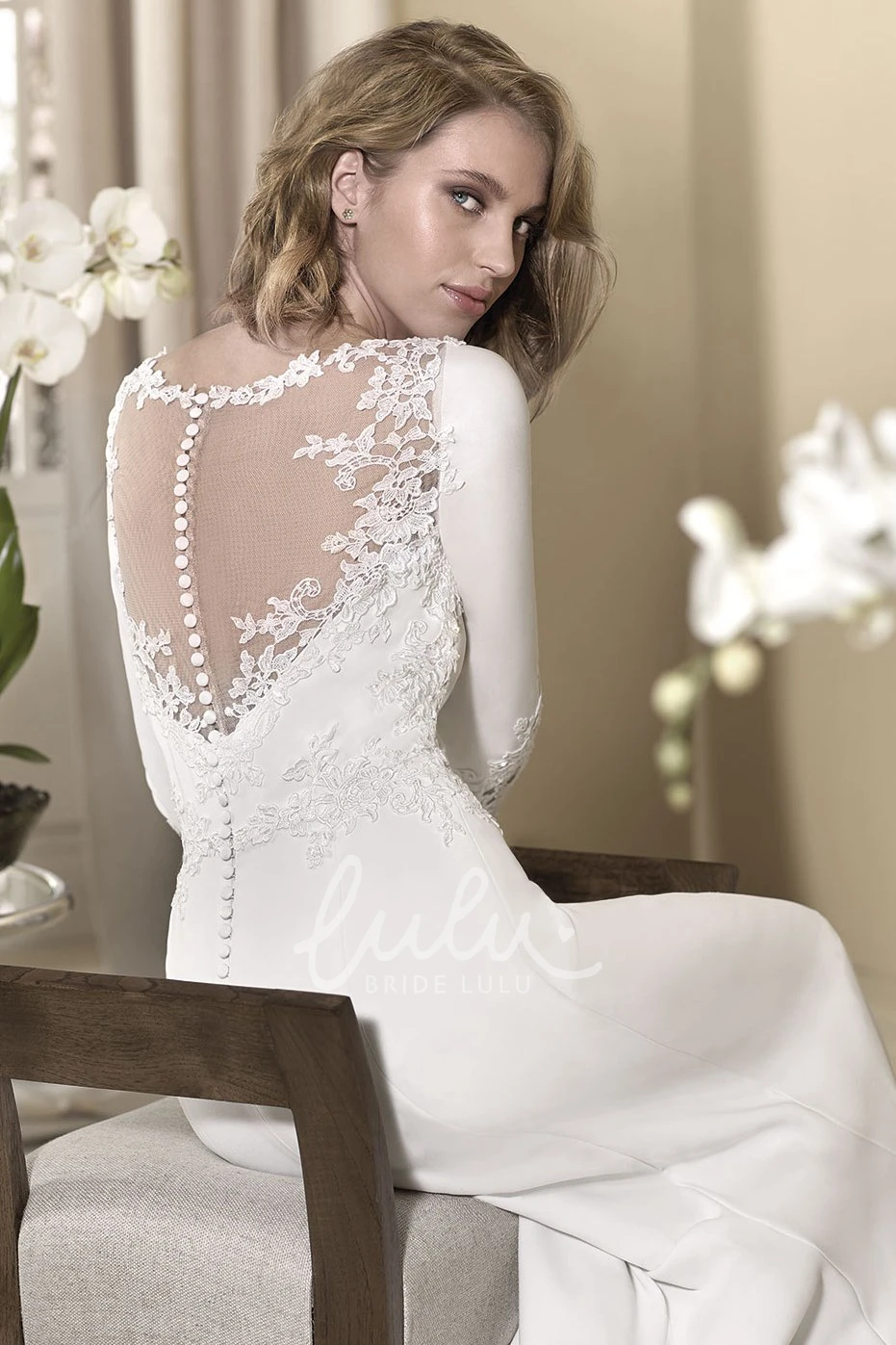 Long-Sleeve Sheath Jersey Wedding Dress with High-Neck and Appliques