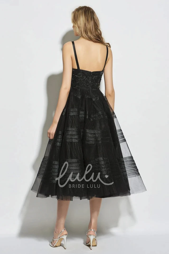 Vintage Tea-length A-line Bridesmaid Dress with Beaded Straps and Sweetheart Neckline