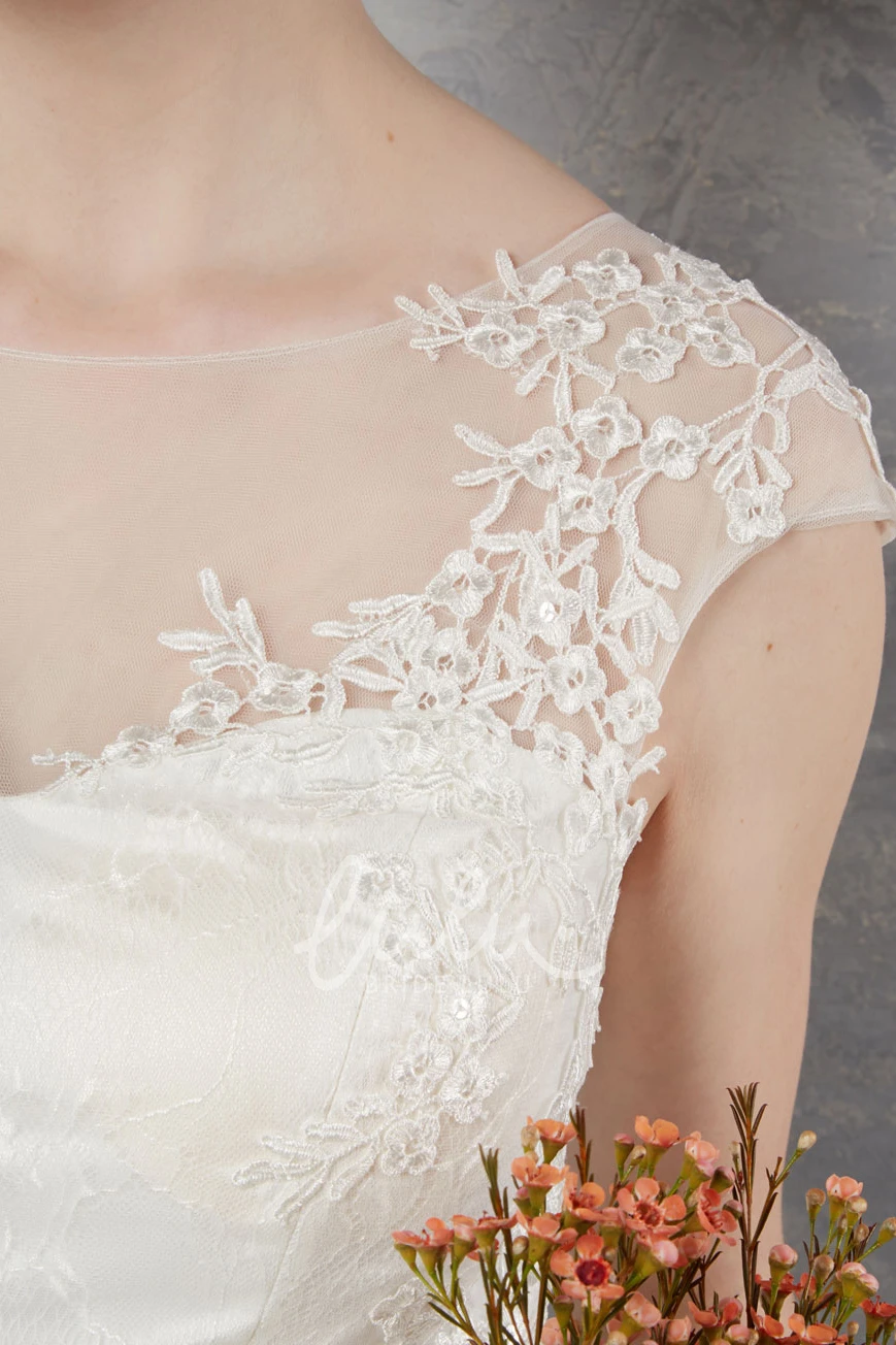 Scoop-Neck Lace Cap-Sleeve Wedding Dress with Illusion Romantic Bridal Gown