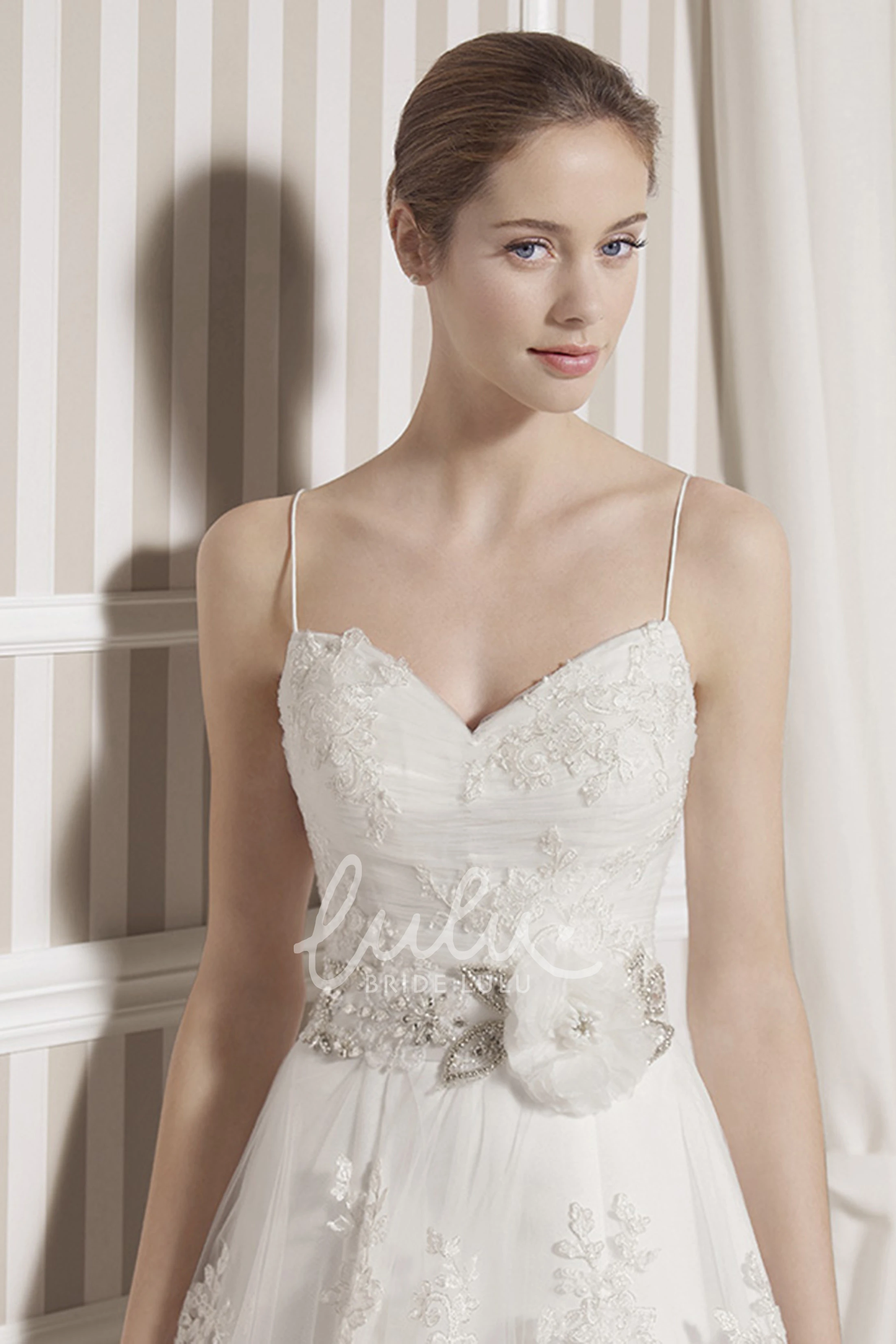 Appliqued Lace Spaghetti Strap Wedding Dress with Court Train Romantic Bridal Gown