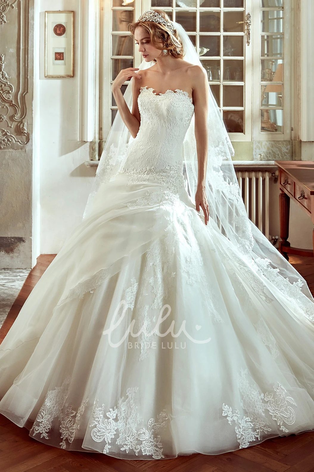 Strapless A-Line Wedding Dress with Side Draping and Embroideries Boho Wedding Dress Beach Women
