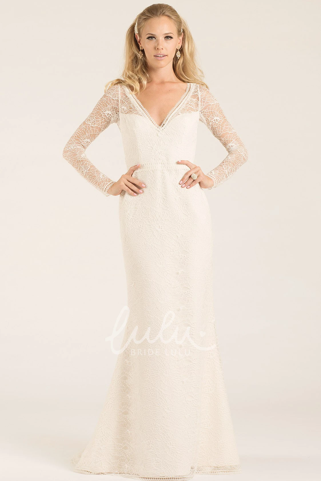 V-Neck Lace Sheath Wedding Dress with Keyhole and Long Sleeves Unique Wedding Dress 2025