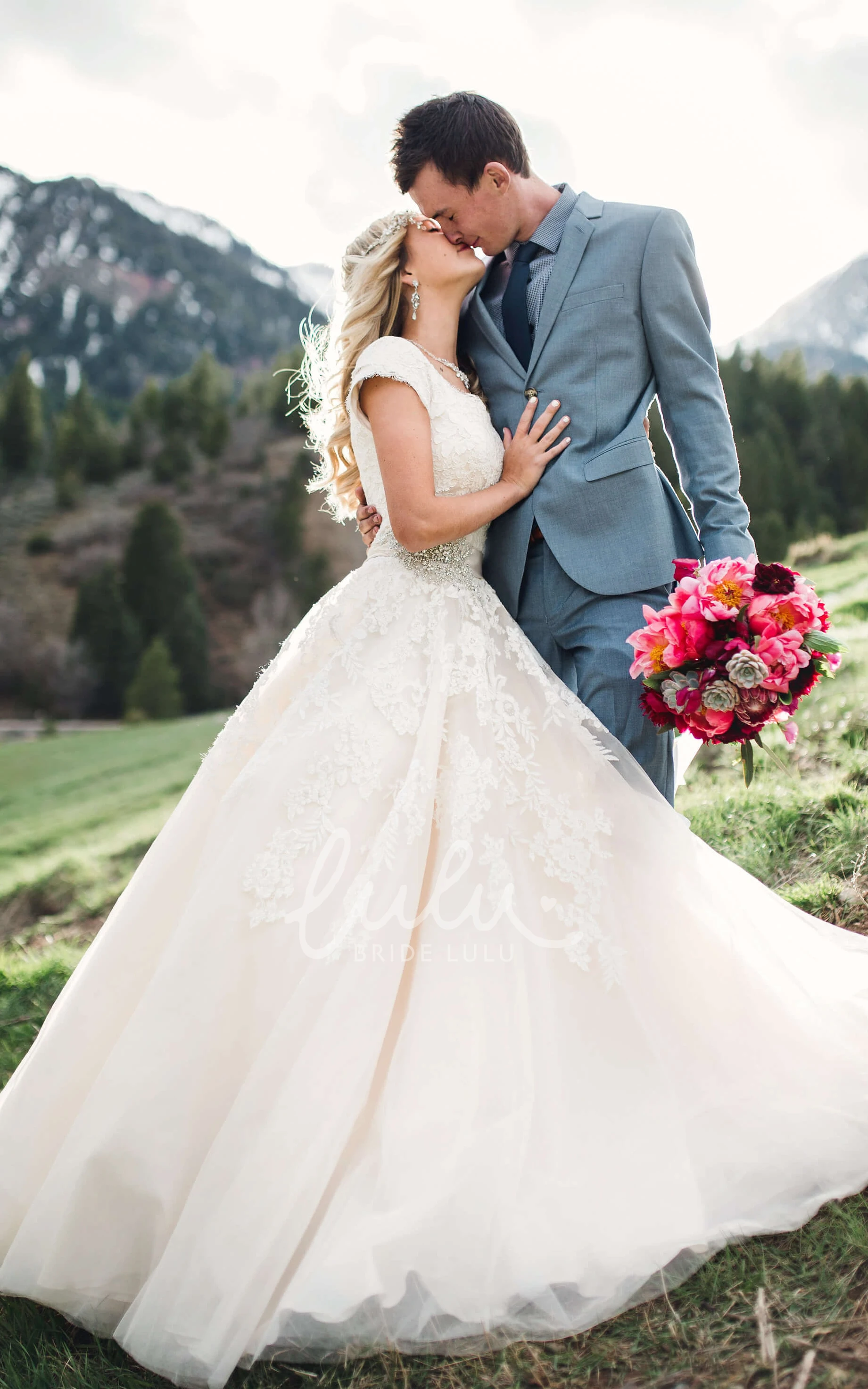 Romantic Ballgown Wedding Dress with Queen Anne Cap Sleeves and Lace Appliques Button Back