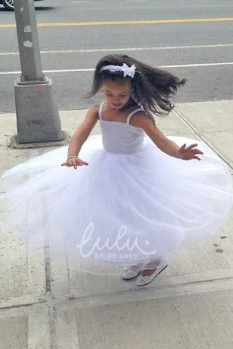 Criss-Cross Spaghetti Ankle-Length Tulle&Lace Flower Girl Dress with Straps Flowy Wedding Dress