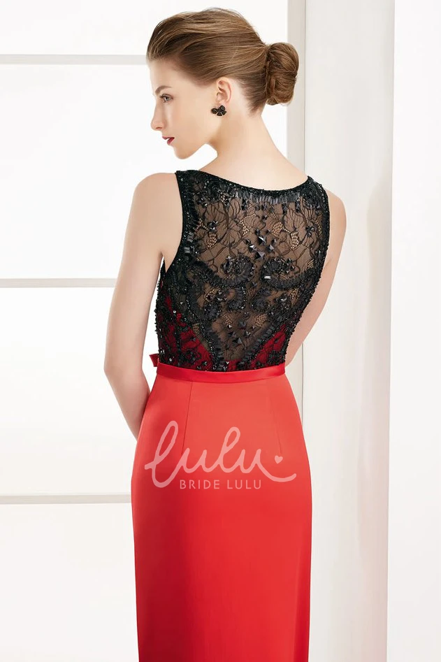 Satin Long Prom Dress with Lace Top and Bow Sheath Sleeveless Side Drape Modern Prom Dress