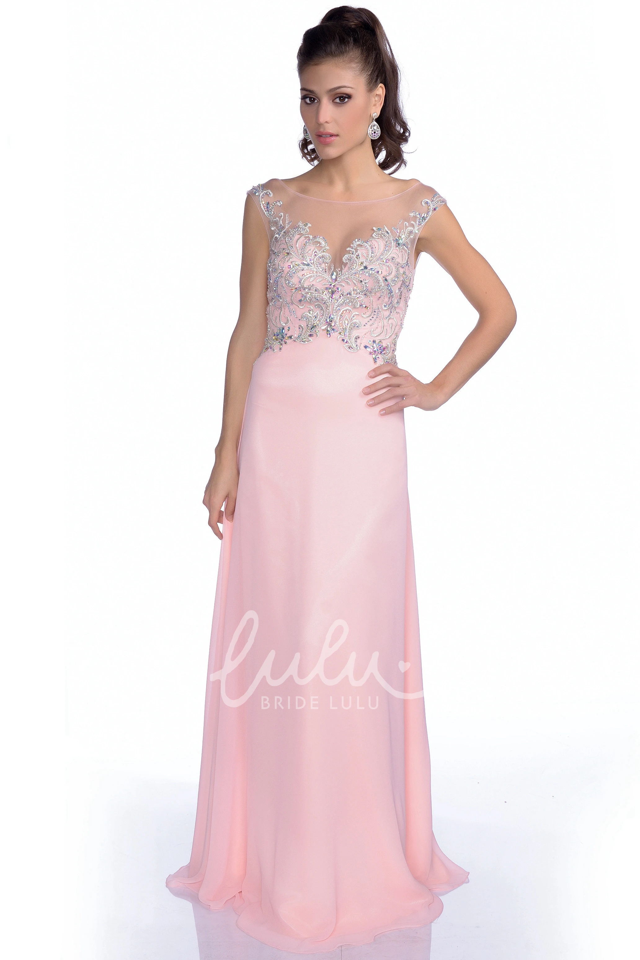 Chiffon A-Line Prom Dress with Cap Sleeve and Low-V Back Flowy Prom Dress Women