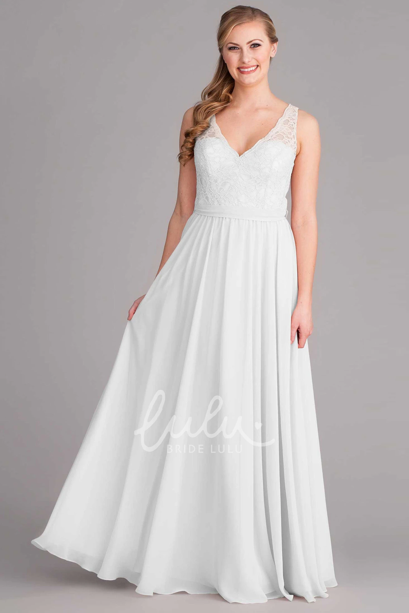 Lace Chiffon Sleeveless V-Neck Wedding Dress