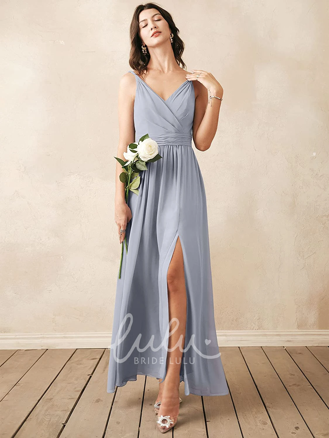 Sleeveless V-neck Chiffon A-line Bridesmaid Dress with Ruching Elegant