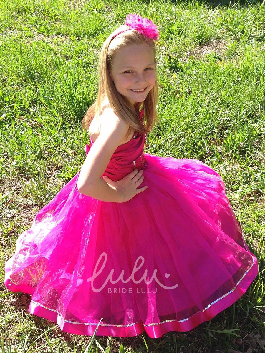 Sequin Broach Tea-Length Flower Girl Dress with Organza Sash Classy Prom Dress