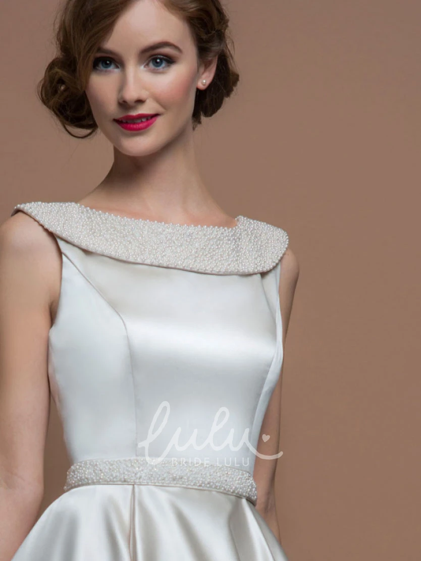 Beaded V-Back Tea-Length Satin Wedding Dress A-Line Scoop-Neck
