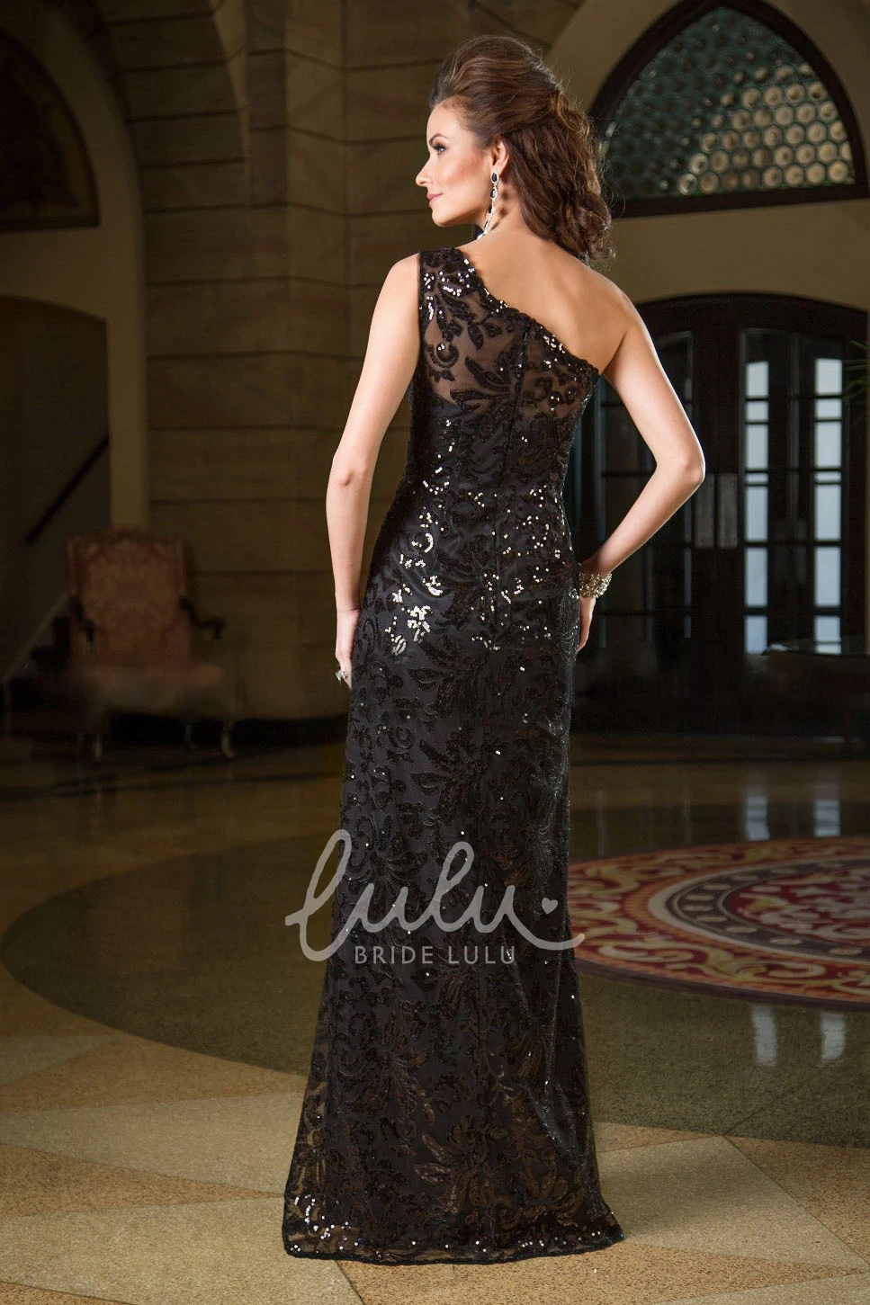 Sequin One-Shoulder Gown with Illusion Back