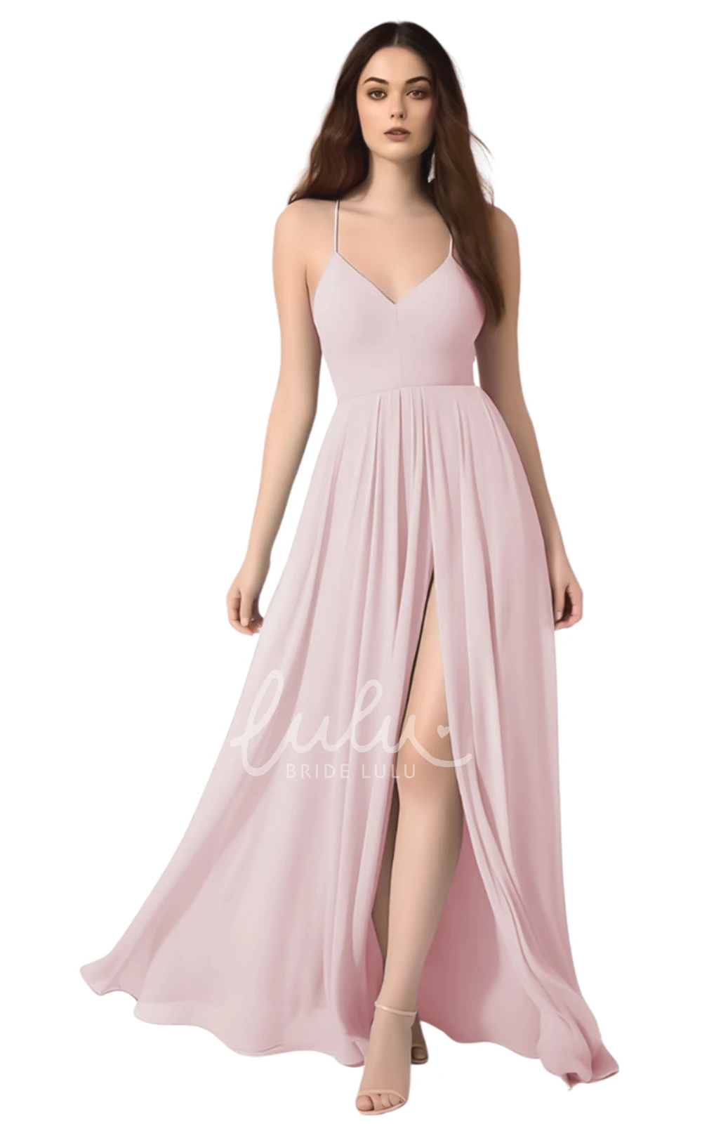 Sexy A-Line Chiffon Spaghetti Bridesmaid Dress with Front Split Modern Wedding Dress