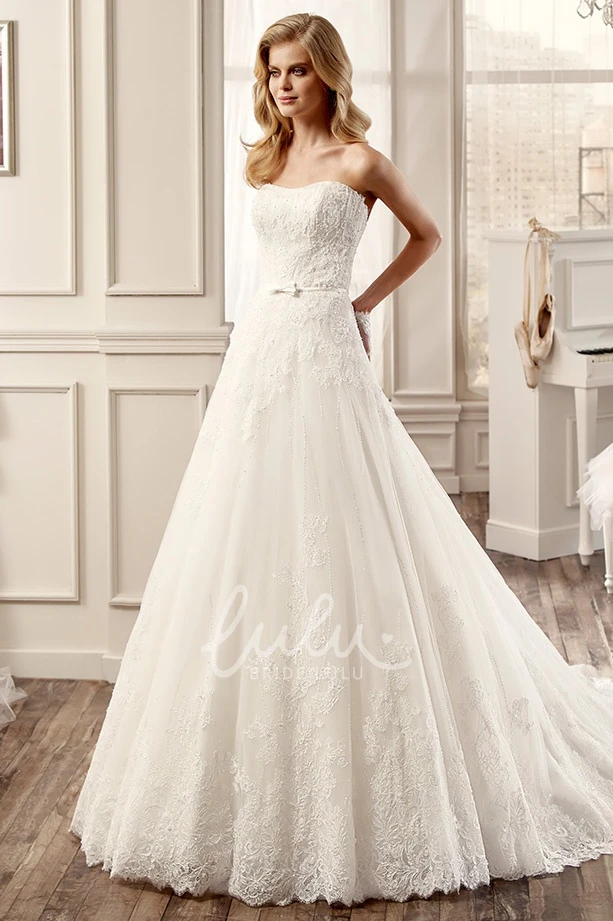 A-Line Lace Appliques Brush Train Winter Wedding Dress Strapless Style