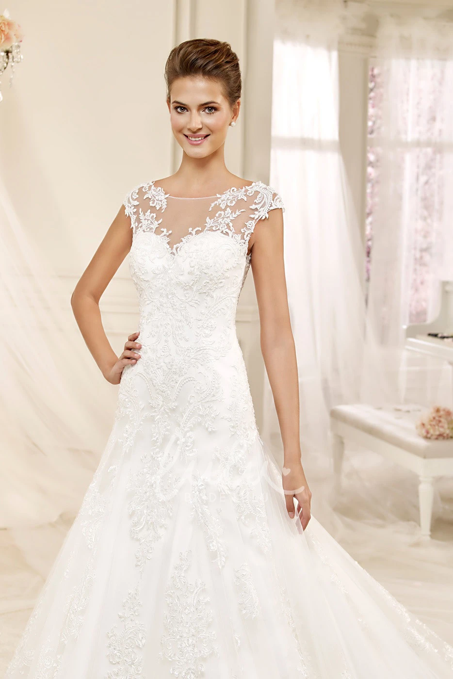 A-line Wedding Gown with Cap Sleeves Illusive Design and Appliques