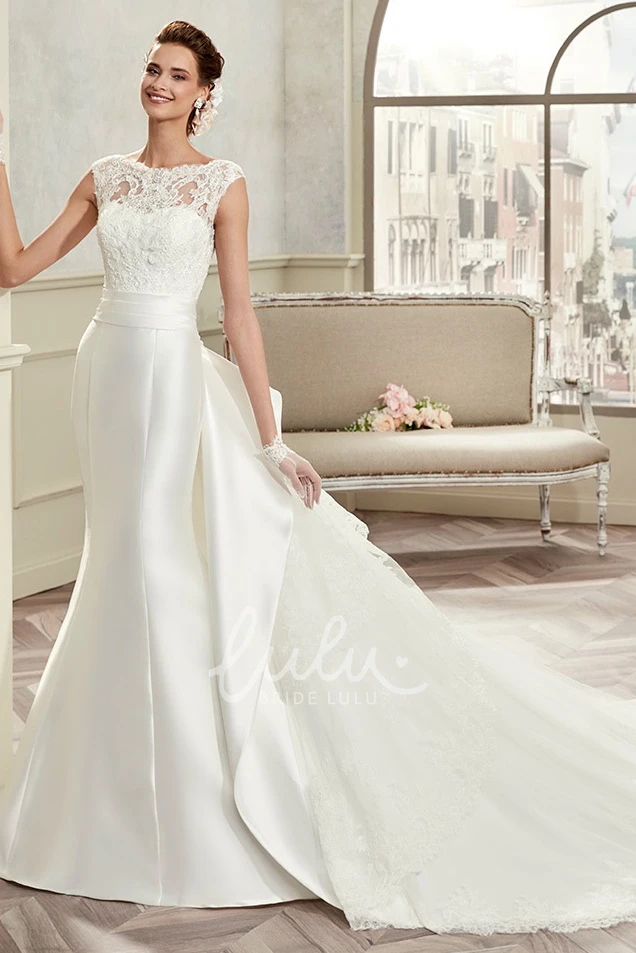 Satin Wedding Dress with Detachable Train Back Bow and Cap Sleeves