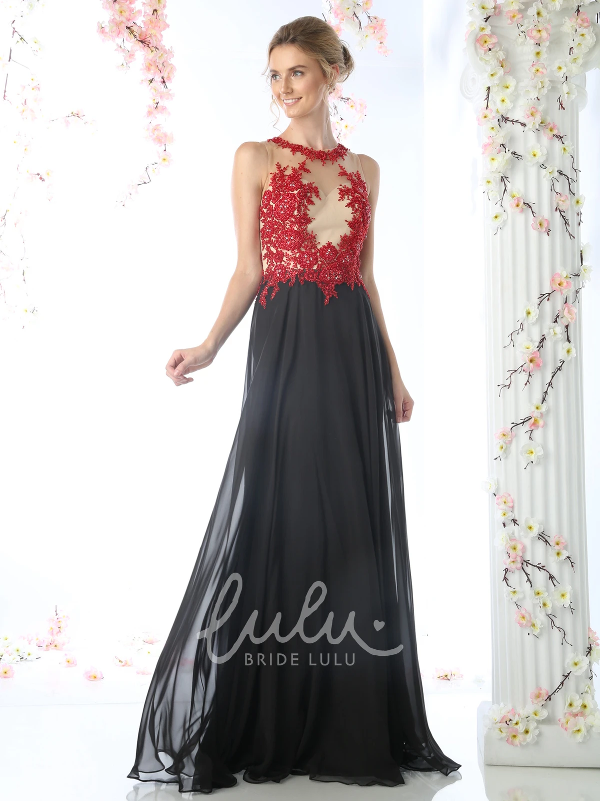Maxi Chiffon Jewel-Neck Dress with Appliques for Women
