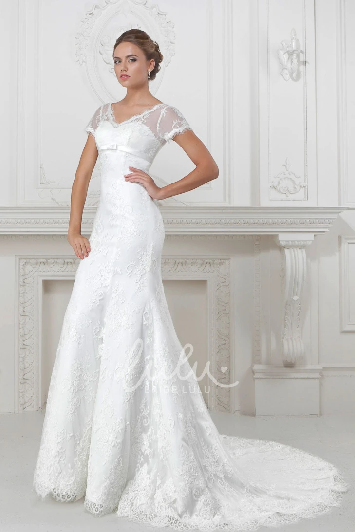 V-Neck Lace and Satin Trumpet Wedding Dress with Waist Jewelry